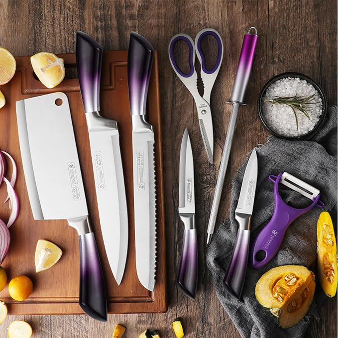 Kitchen Knife Set, 9Pcs Purple Knife Set with Acrylic Block, Ergonomical Handle,Non Stick Sharp Stainless Steel Chef Knife Block Set for Home Cooking Gift