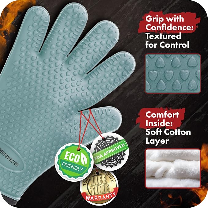 Kitchen perfection XL Silicone Smoker Oven Gloves-Extreme Heat Resistant BBQ Gloves-Handle Hot Food Right on Your Grill Fryer&Pit|Waterproof Grilling Cooking Baking Mitts|Superior Value Set+3 Bonuses