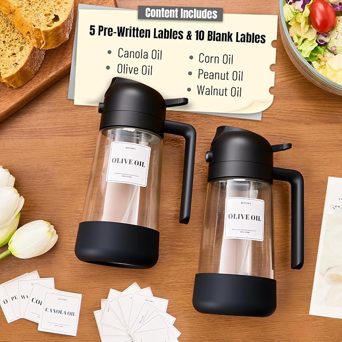 PARACITY Oil Sprayer for Cooking 2 Pack, Glass Dispenser, Black, 16 oz | Silicone-base oil dispenser bottle offers even mist or controlled pour; wide mouth for frying, baking and salad dressing.