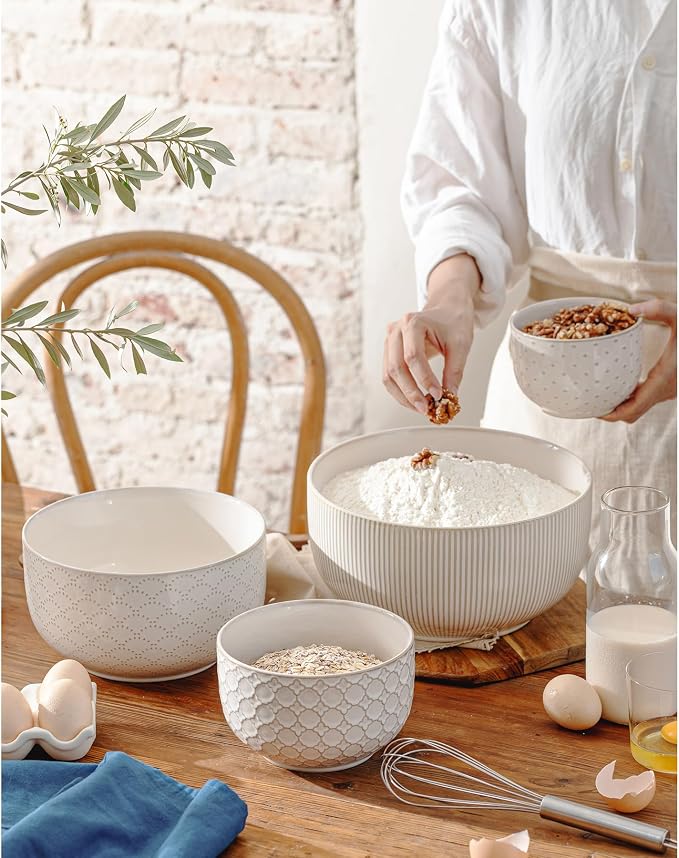 Mikiegy Ceramic Mixing Bowls Set of 4, Nesting Ceramic Embossment Stoneware Mixing Bowls for Cooking, Serving, Popcorn, Salad etc, Microwave & Dishwasher Safe, 20/44/98/145 oz, Off-White