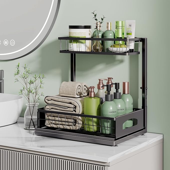 Under Sink Organizer, 1-Pack L-Shaped Metal Pull-Out Drawers for Kitchen | Cabinet Organizer Height Adjustable Heavy Duty Metal 2-Tier Storage Fits Beside Common Pipes for Bathroom Pantry
