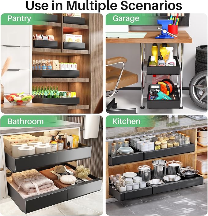 Kitstorack Pull out Cabinet Organizer, Expandable(12"-20") Heavy Duty Slide out Drawer Fixed with Adhesive Nano Film for Pots, Roll out Shelf Storage for Kitchen Base Cabinet Organization