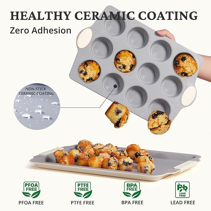 BRONYPRO 12-Cup Ceramic Nonstick Muffin Pan & Cupcake Tin, Cream White | Healthy, non-toxic ceramic nonstick, easy release, quick cleanup, PFAS/PFOA free, heavy-duty rust-resistant aluminized steel