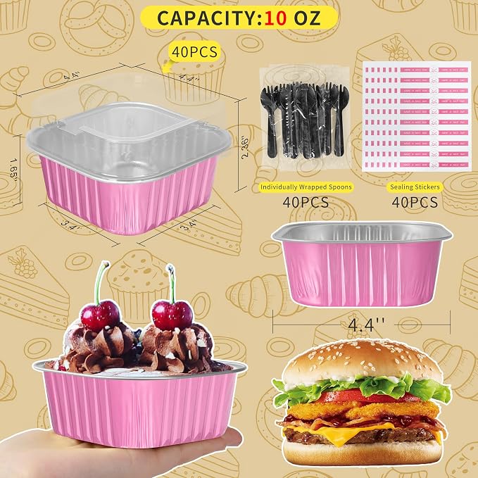 10oz Aluminum Foil Brownie Pans with Lids, 40 Pack Square Cake Pans, Disposable Ramekins Cupcake Cups Containers,Mini Cake Baking Pans,Large Muffin Tin Holder for Catering Gathering - Pink