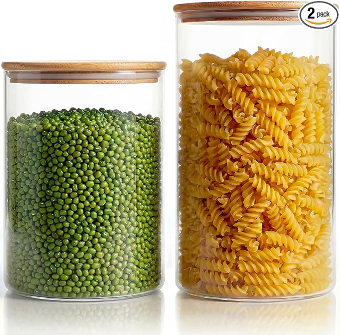 Large Glass Storage Containers with Bamboo Lids for Flour & Sugar, 2 Pack | Airtight Pantry Jar for Flour, Sugar & Rice, Durable Borosilicate Glass Canisters Keep Food Dry & Fresh, Easy to Fill & Clean