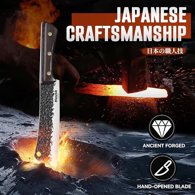 Huusk Butcher Knife 8 Inch, Hand Forged Meat Knife with Wood Full Tang Handle, Japanese Chef Knives with Box, Ideal Gift for Man and Women
