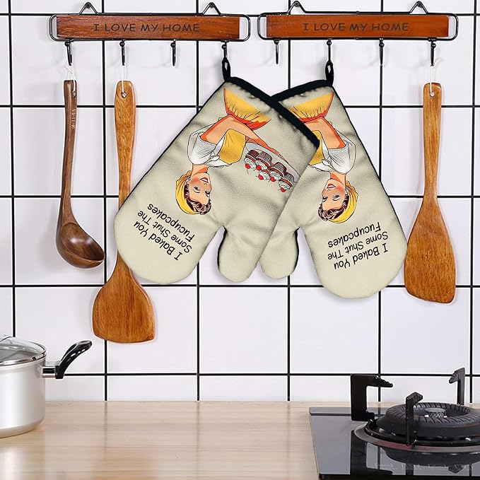 I Baked You Some Shut The Fucupcakes, Funny Silicone Non-Slip Oven Mitts Sets of 2, Retro Baking Mitts, Kitchen Gift for Women, Bake Lover Gift, Housewarming Gifts