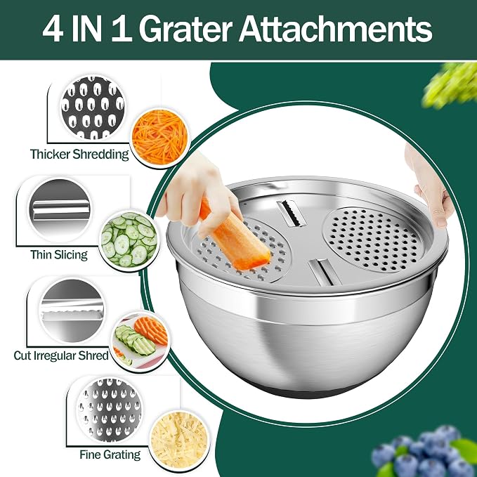 Mixing Bowls with Airtight Lids, Stainless Steel Mixing Bowl Set with 3 Nesting Kitchen Metal Bowls, Colander & Grater, Non-Slip Bottoms, Size 1.5, 2.5, 5 QT, Great for Mixing & Serving, Black