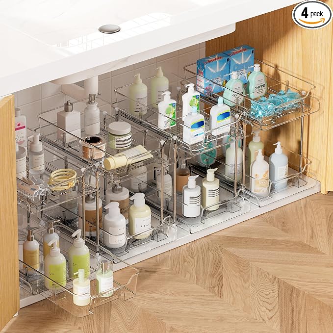 Vtopmart 4 Pack Pull Out Bathroom Under Sink Organizer with Dividers (S-Divided)