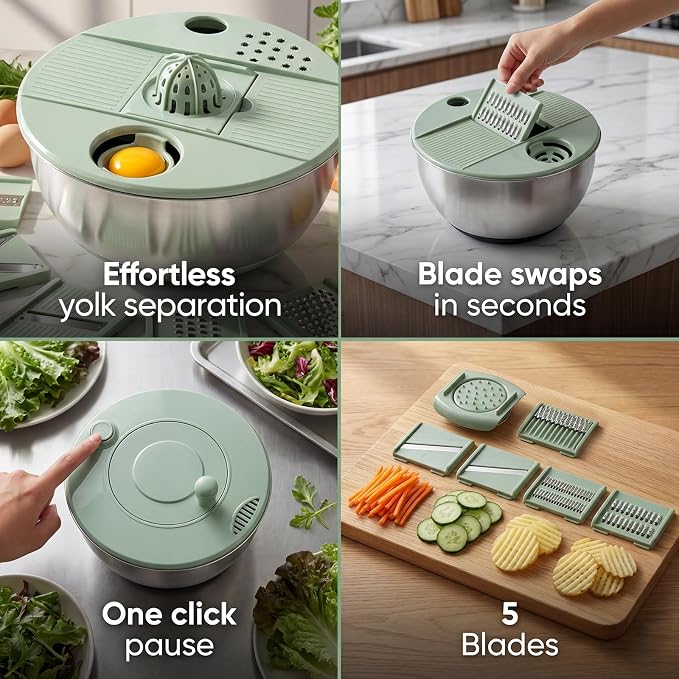 Salad Spinner with Slicer & Grater: Stainless Steel Salad Spinner, Lettuce Spinner with Drain, Non-Slip Base,Stop Button,Vegetable Dryer with 3 Blade Slicers, 1 Egg Yolk, 2 Strainer Shredders, 5.3 Qt
