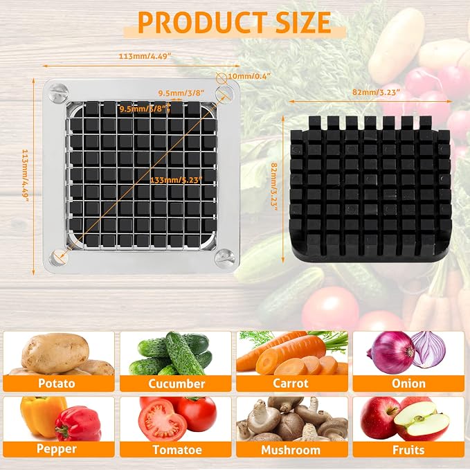 WICHEMI Replacement Chopper Blade 3/8" Commercial Vegetable Chopper Blades Stainless Steel Onion Chopper Dicer Blade and Pusher Block for Fruit Cutting Machine Tomato French Fries Cutter