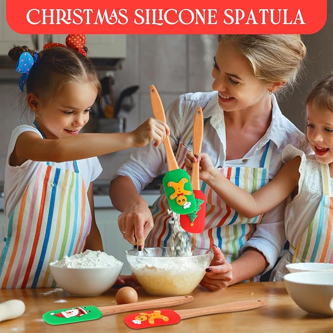 Patelai 16 Pieces Christmas Silicone Spatula Set Kitchen Christmas Spatula Set Santa Claus Snowman Gingerbread Spatula Christmas Cake Decorating Spatula with Handle for Baking Cooking (Wooden)