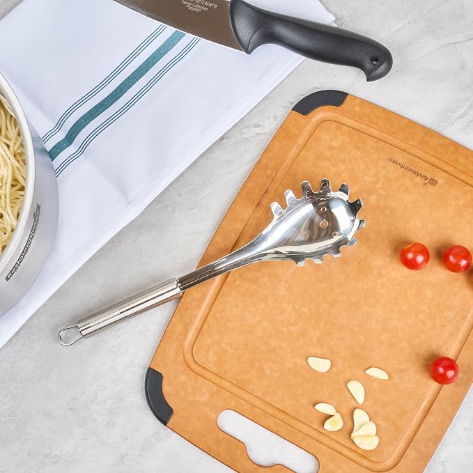 Restaurantware 12.5" Stainless Steel Pasta Fork - German Standard Pasta Server with Large Slotted Bowl, Dishwasher Safe - Slotted Pasta Spoon for Spaghetti, Linguine, Fettuccine