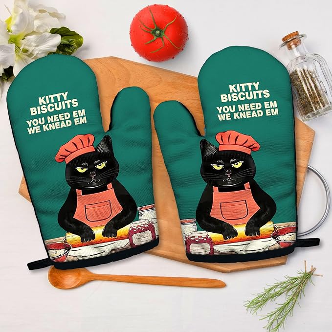 Kitty Biscuits You Need Em We Knead Em, Funny Silicone Non-Slip Oven Mitts Sets of 2, Retro Baking Mitts, Bake Lover Gift, Cat Lover Gift, Kitchen Gift for Cat Owner