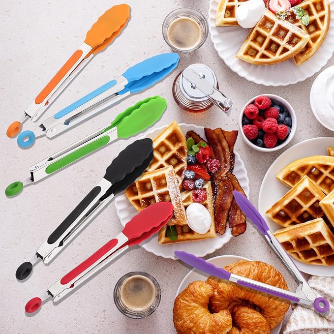 6Pack Kitchen Tongs,7 Inch Small Silicone Tong,Serving Tongs with Silicone Tips Sliding Rings,Stainless Steel Food Cooking Tong for Cooking Serving BBQ Grilling Salad(Multicolor)