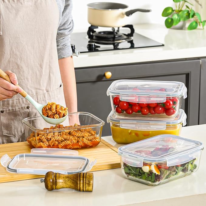 4 Pack 8 Cups/ 63oz Large Glass Storage Containers with Lids, Meal Prep Containers, Glass Food Storage with Airtight Lid for Baking, Leak Proof & Microwave, Oven Safe (4 Containers + 4 Lids)
