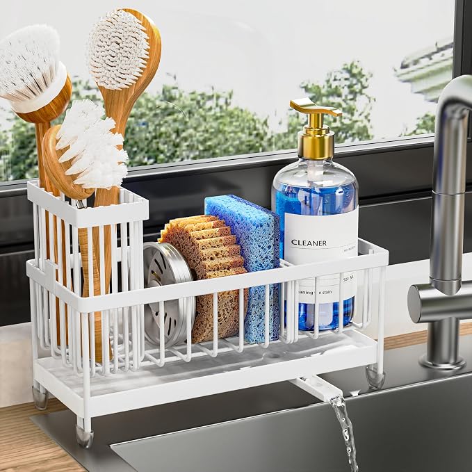 Cisily Sponge Holder for Kitchen Sink, Sink Caddy Organizer with High Brush Holder, Kitchen Countertop Organizers and Storage Essentials, Rustproof 304 Stainless Steel (Cool White, Large)