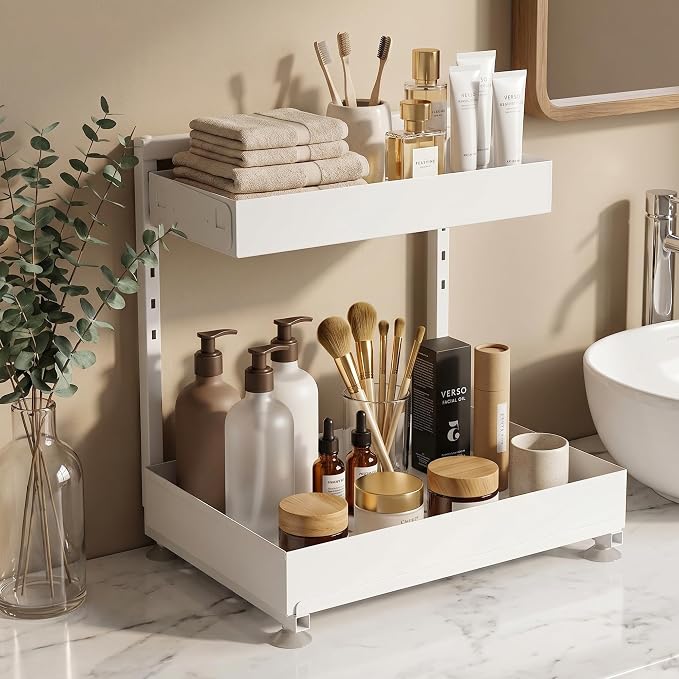 TATAANTY Under Sink Organizer 2 Pack, 2 Tier Metal Under the Sink Storage, Heavy Duty Slide out Pull out Cabinet Organizer, Height Adjustable for Kitchen Bathroom Pantry Closet Organization Rack