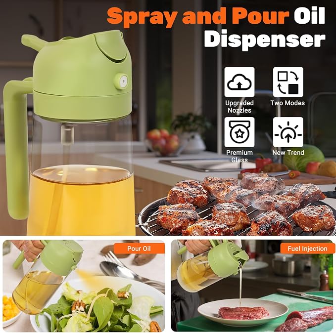 CJT 2 Pack Oil Dispenser Bottle for Kitchen, 2 in 1 Olive Oil Sprayer,16.5OZ/470ML Glass Oil Spray Bottle with Premium Nozzle for Cooking,Barbecue, Air Fryer, Salad(GREEN/WHITE)