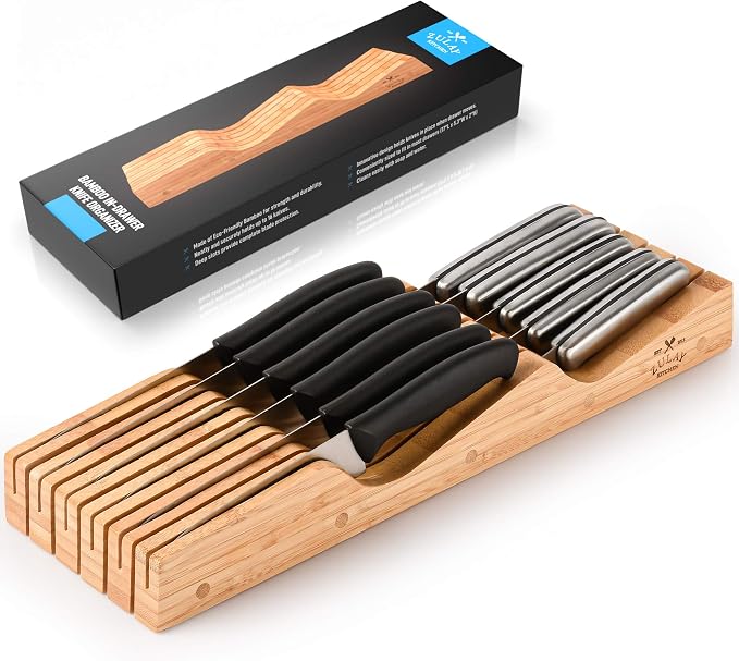 Zulay Kitchen Bamboo Knife Drawer Organizer Insert - Edge-Protecting Knife Organizer Block Holds Up To 11 Knives - Smooth Finish Drawer Knife Organizer Tray Fits In Most Drawers For Kitchen