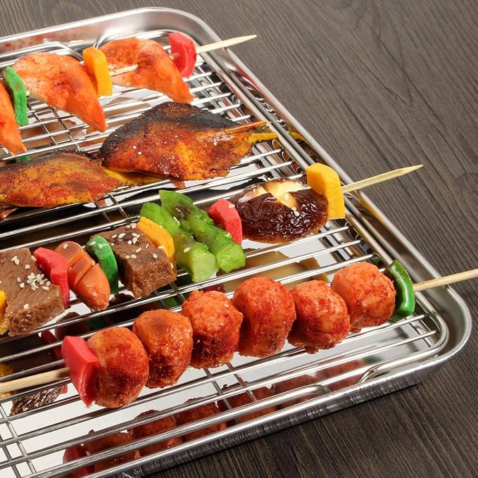 Wildone Baking Sheet with Rack Set [2 Sheets + 2 Racks], Stainless Steel Cookie Pan baking Tray with Cooling Rack, Size 12 x 10 x 1 Inch, Non Toxic & Heavy Duty & Easy Clean
