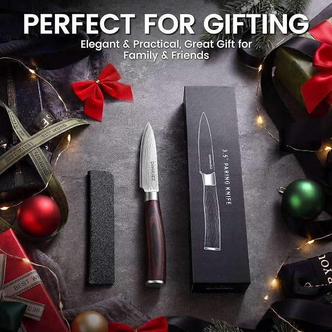 DiiHAUZZ Paring Knife, 3.5 Inch Fruit Knife, High Carbon Stainless Steel | Ultra Sharp Forged Blade, Ergonomic Pakkawood Handle No Cracking, Peeling Fruits Cutting Slicing Vegetable, Gift Box & Sheath