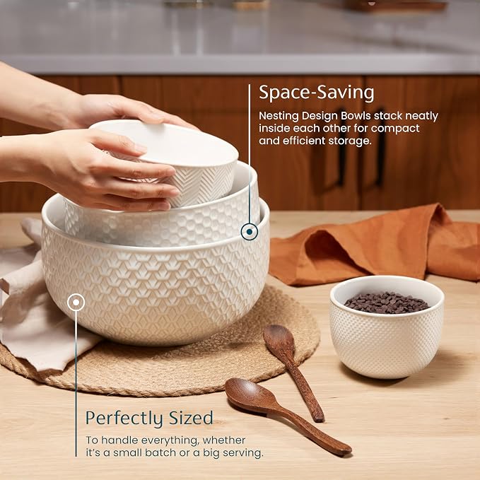 KooK Ceramic Mixing Bowls, Nesting Set of 4, Embossed Kitchen Dishware, Prep, Serving, Gift, Microwave and Dishwasher Safe, 20/44/98/145 oz, Narbonne Collection (Marshmallow)