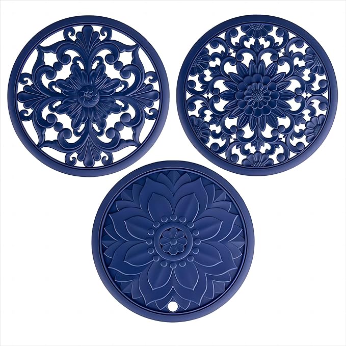 Silicone Trivets - Silicon Mats for Hot Pots and Pans, Multi-Use Carved Hot Pads, Flexible Modern Kitchen Table Mat, Heat Resistant Round Teapot Coaster Set of 3 Blue