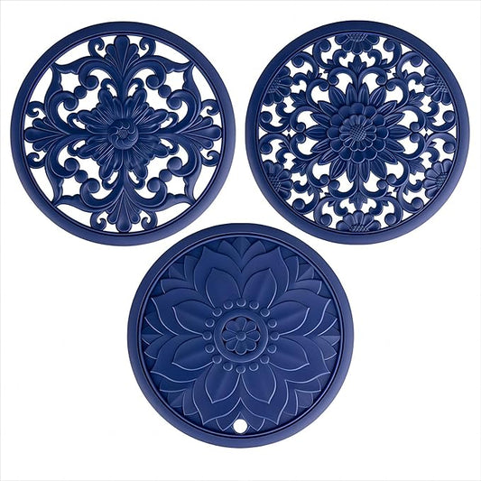 Silicone Trivets - Silicon Mats for Hot Pots and Pans, Multi-Use Carved Hot Pads, Flexible Modern Kitchen Table Mat, Heat Resistant Round Teapot Coaster Set of 3 Blue