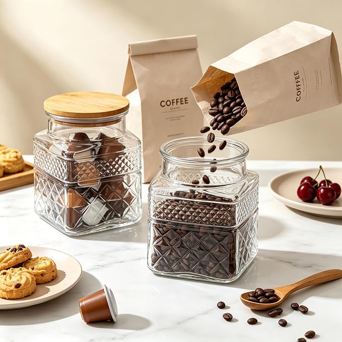 38 FL OZ Glass Storage Jar with Vintage Pattern and Airtight Lid,Square | Kitchen Pantry Coffee bar Canister for Coffee Sugar Cereal Nut Candy, Airtight Bamboo Lid, Thick Glass,Wide Mouth Opening