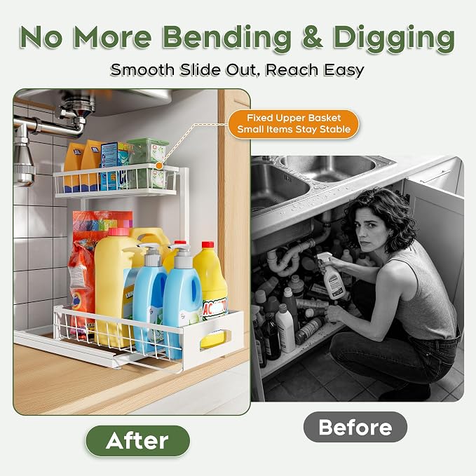 Under Sink Organizer, 1-Pack L-Shaped Metal Pull-Out Drawers for Kitchen | Cabinet Organizer Height Adjustable Heavy Duty Metal 2-Tier Storage Fits Beside Common Pipes for Bathroom Pantry