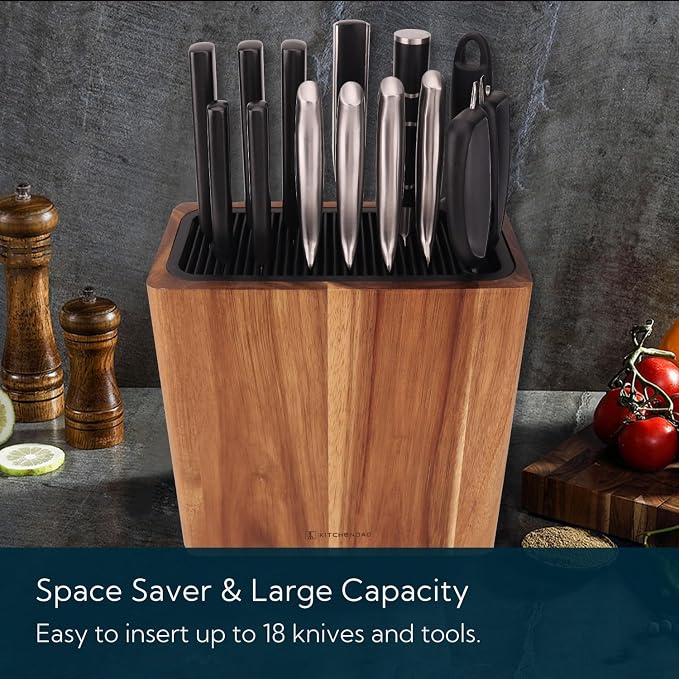 KITCHENDAO XL Acacia Wood Universal Knife Block with Slots for Scissors and Sharpening Rod, Safe, Space Saver Knives Storage Stand Display without Knives, Unique Slot Design to Protect Blade