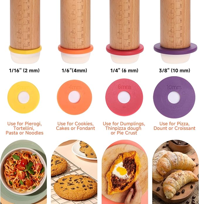 13.6" Adjustable Wooden Rolling Pin with 4 Thickness Rings & Cookie Molds | Olforce 2-10mm / 1/16"-3/8" Dough Thickness Control Roller for Pizza, Cookie, Bread & Pie Crusts