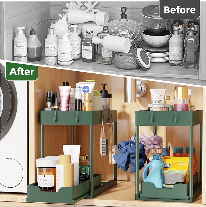 Simple Trending Under Sink Organizer 2 Pack, with Sliding Drawer, Green | 2-Tier Multi-Use Under Shelf Organizer with Hooks, Sink Pull-Out Sliding Storage Cabinet for Kitchen Bathroom, Easy Assembly