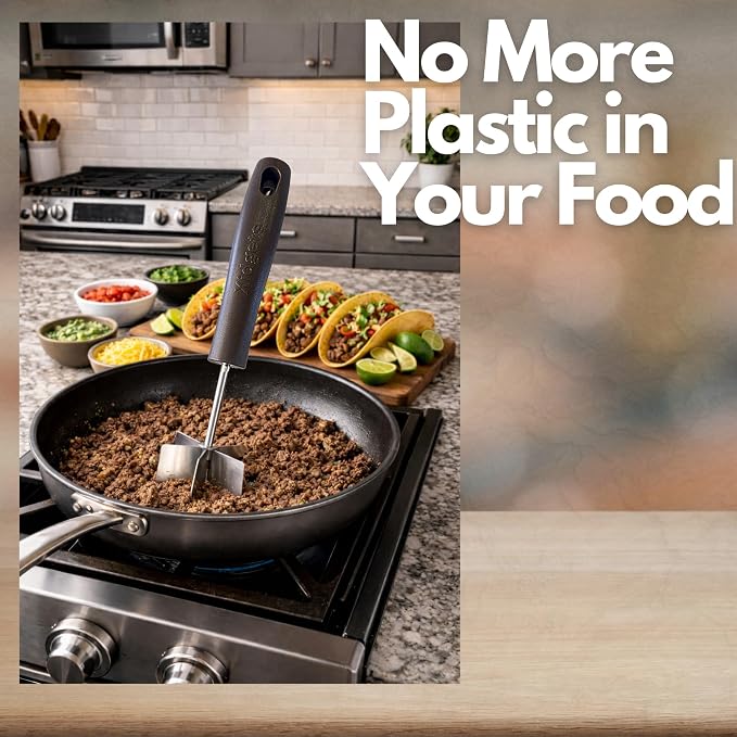 Large Stainless Steel Meat Chopper, Masher & Cocktail Muddler | Dishwasher Safe | 6-Blade Chopper Tool | Oversized Ergonomic Handle | Heat Resistant Grip (Black 10")