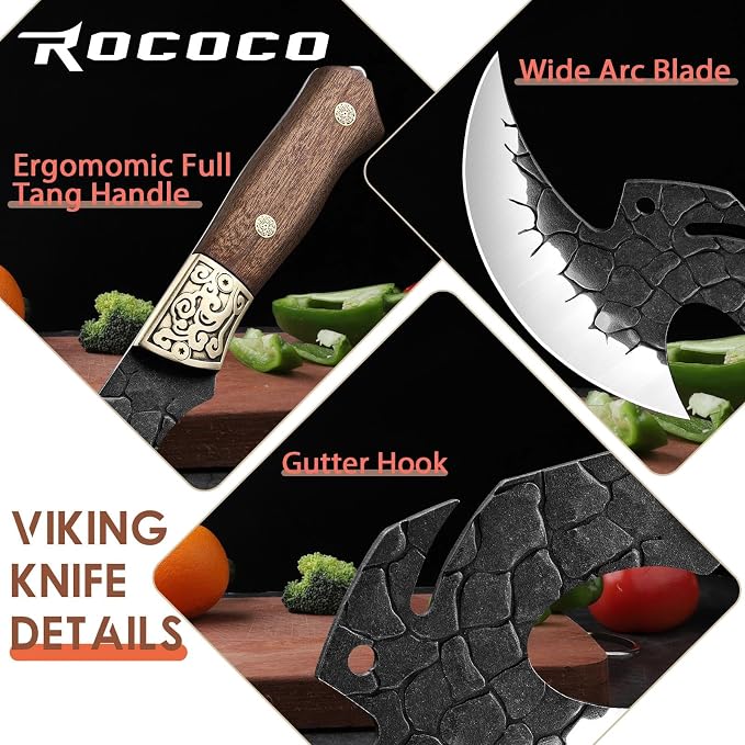 ROCOCO Viking Cleaver Knife Birthday - Full Tang Kitchen Axe Gift Men | Hand Forged Butcher Meat Cutting Boning Knife Home Outdoor BBQ Camping Birthday Father Mother Gift