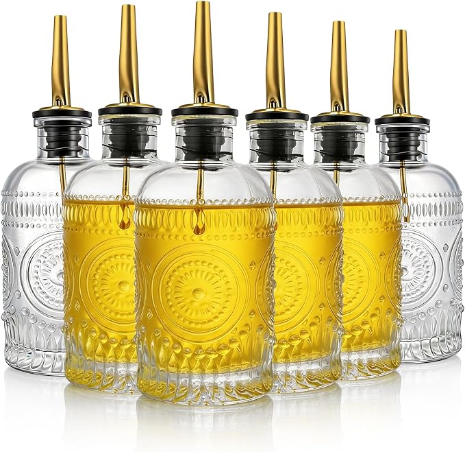 Kingrol Embossed Glass Olive Oil Dispenser Set - 6 Pack 7 oz Clear Bottles with Non-Drip Pour Spouts, Labels & Funnel for Oil, Vinegar & Dressing Organization