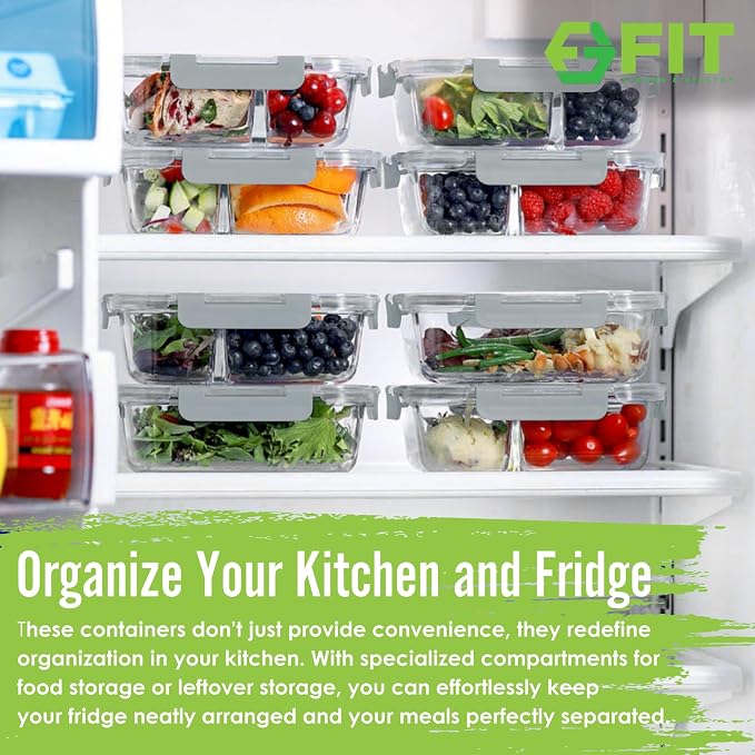 Glass Meal Prep Containers 1 & 2 & 3 Compartments, Airtight, 35 oz, 3 Pack | Lunch Bento Box, Portion Control Food Storage Dishes, Divided Snack Boxes, Dishwasher Microwave Oven Freezer Safe, Gray