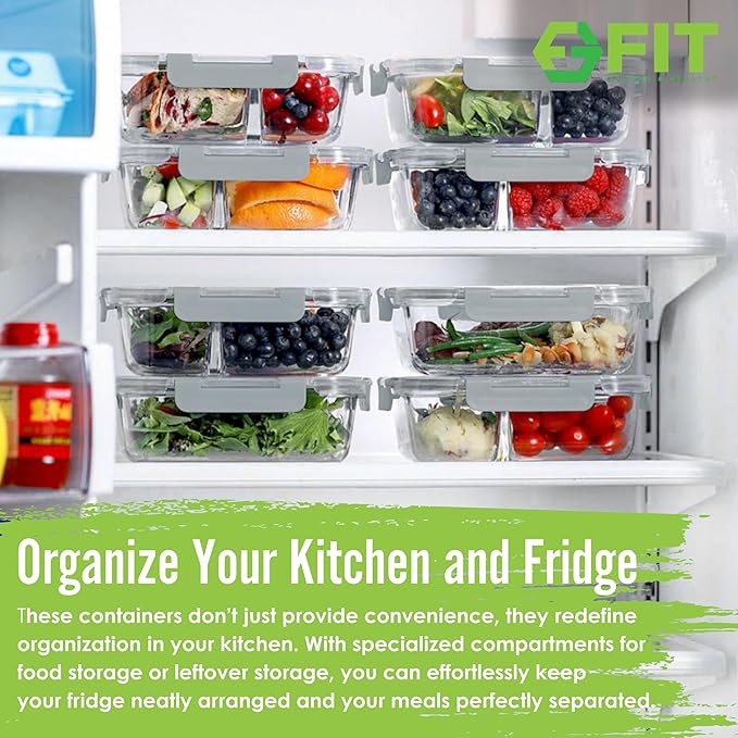 Glass Meal Prep Containers 2 & 3 Compartment, Leak-Proof Lids 32 oz 4 Pack | Glass Bento Boxes Food Lunch Containers with Lids for Adults, Airtight Snap-Lock, BPA-Free, Microwave Oven Freezer Safe, Gray