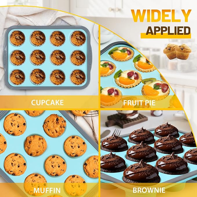 Silicone Muffin Pan, 12 Cups Non-Stick Cupcake Pan, Food-Grade BPA-Free Muffin Tin, Oven-Safe 450 °F, Reinforced Steel Frame, Easy-Grab Handles, Quick-Release 2.3" Baking Molds for Mini Treats