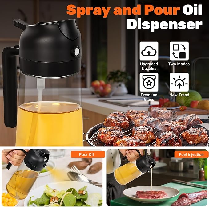 CJT 2 pcs 16oz/470ml Oil Sprayer for Cooking with labels, Food-grade Premium 2 in 1 Olive Oil Dispenser Bottle for Cooking,BBQ, Air Fryer,Salad,Baking(Green & Black)