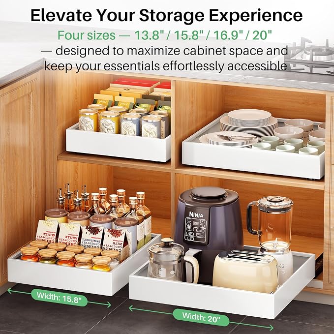 2Pack Pull out Cabinet Organizer, 21"Deep, Heavy Duty Full-extension Slide out Drawers for Kitchen Cabinet, Roll out Shelf Storage with Nano Adhesive for Pots,12"W x 21"D x 3.1"H, White