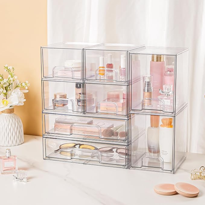 Vtopmart Clear Stackable Storage Drawers Set of 8, Plastic Organizer Bins | Multi-purpose Boxes for Baby Bottle Storage, Ideal for Kichen, Vanity, Bathroom, Undersink, Cabinet, Pantry Organization