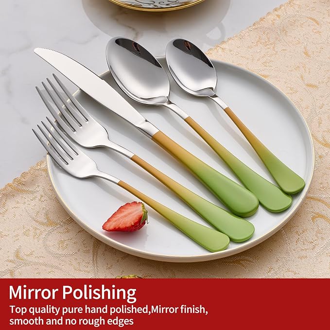 Colorful Silverware Set 20 Piece 18/0 Stainless Steel Flatware Green and Orange Handle Cutlery Set Service for 4 Fork Knife Spoon Set Mirror Finish Dishwasher Safe