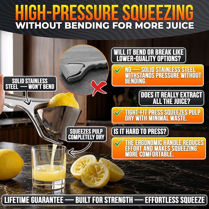 Lemon Squeezer Stainless Steel – Heavy Duty Flat Fold Design, Gets Every Last Drop, Rust Resistant Manual Citrus Juicer for Lemon, Lime, Orange, Easy to Clean, Dishwasher Safe, for Fresh Citrus Drinks