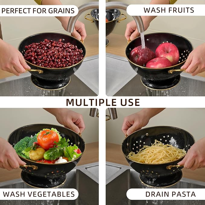 Metal Colander 2 Pack, 3.5 Quart Powder Coated Self-draining Solid Ring Base Metal Large Kitchen Pasta Vegetable Fruit Strainer with Handle (L-BLACK)