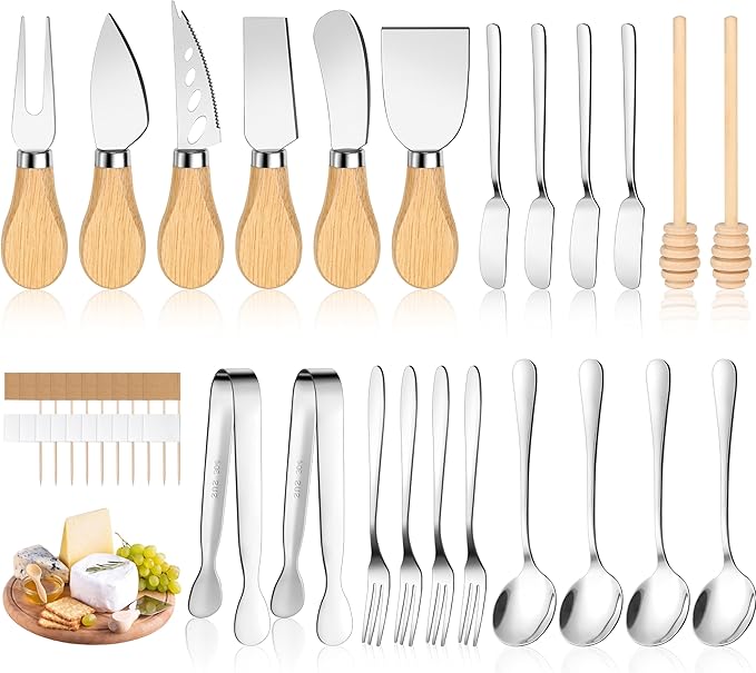 Charcuterie Board Accessories, 23 Pieces Silver Stainless Steel Cheese Knife Set with Wooden Handle for Charcuterie Utensils, Mini Serving Tongs Spreaders Spoons Forks Honey Dippers and Flags