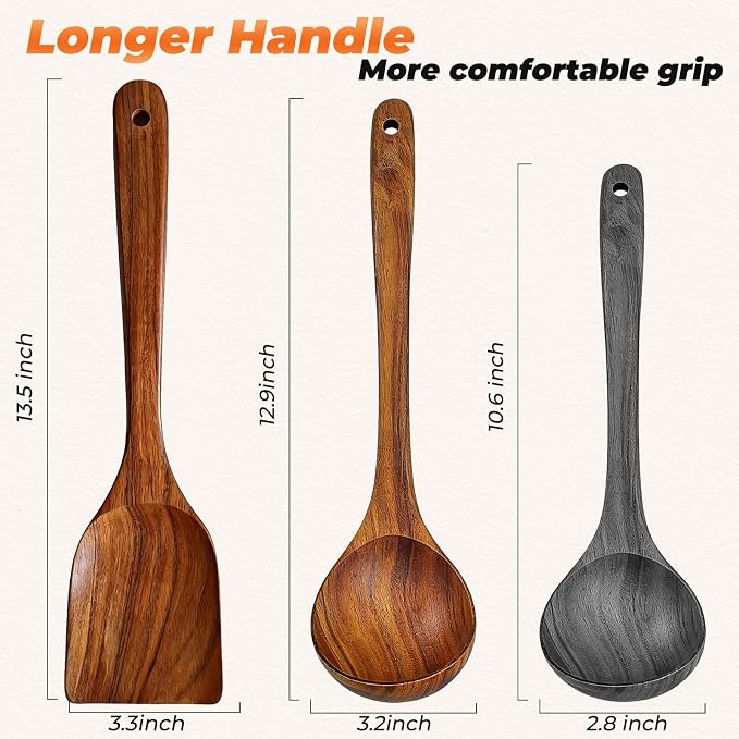 2Pcs Wooden Ladle and Spatula, Natural Acacia Long Handle, Large Capacity, Wooden Soup Spoon and Flat Frying Turner for Cooking, Fry, Stirring, Serving, Non-stick Kitchen Utensils Cookware