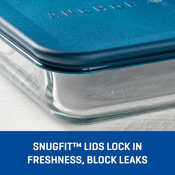 Anchor Hocking SnugFitTM Rectangular Food Storage Containers with Lids (4-Piece, 6-cup, Teal, oven-safe)