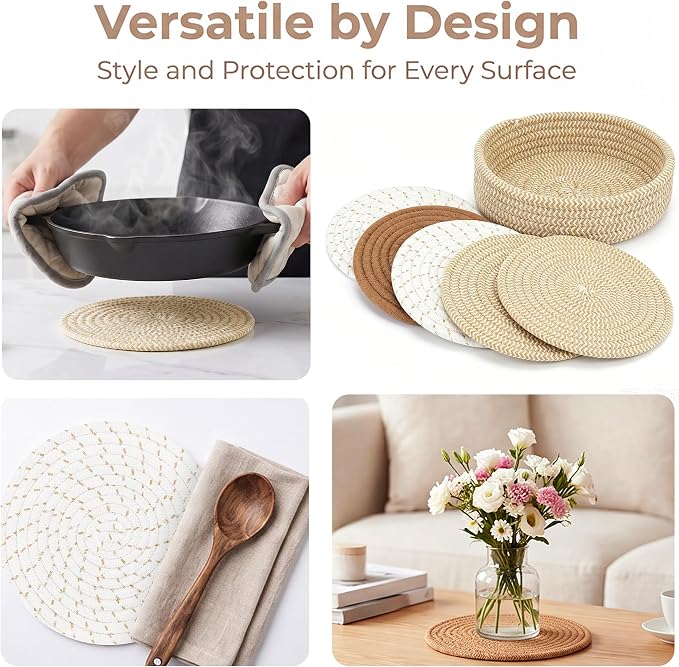 Coga Trivets for Hot Dishes, 5 Pack 7 Inch Cotton Hot Pads for Kitchen with Storage Basket, Round Pot Holders for Kitchen, Heat Resistant Mats for Countertop, Pots and Pans, Farmhouse Decor, Mix Beige